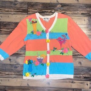 Vintage Unique Colorful Striped Cardigan with Drink Designs
